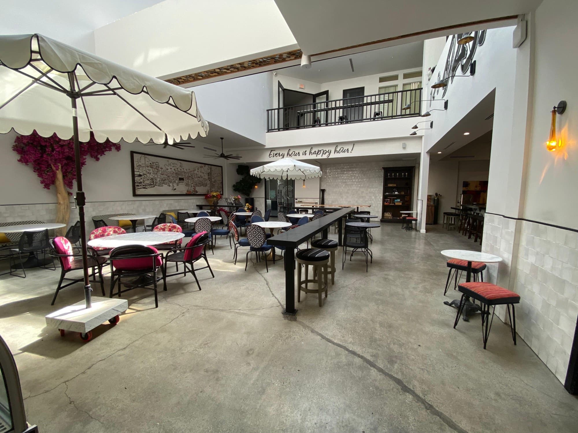 Umbrellas and tables in the Atrium